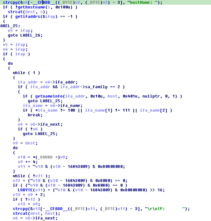 Figure 25: IDA pseudocode of system fingerprinting — `gethostname`, `getifaddrs`, `uname`, `getpwuid`