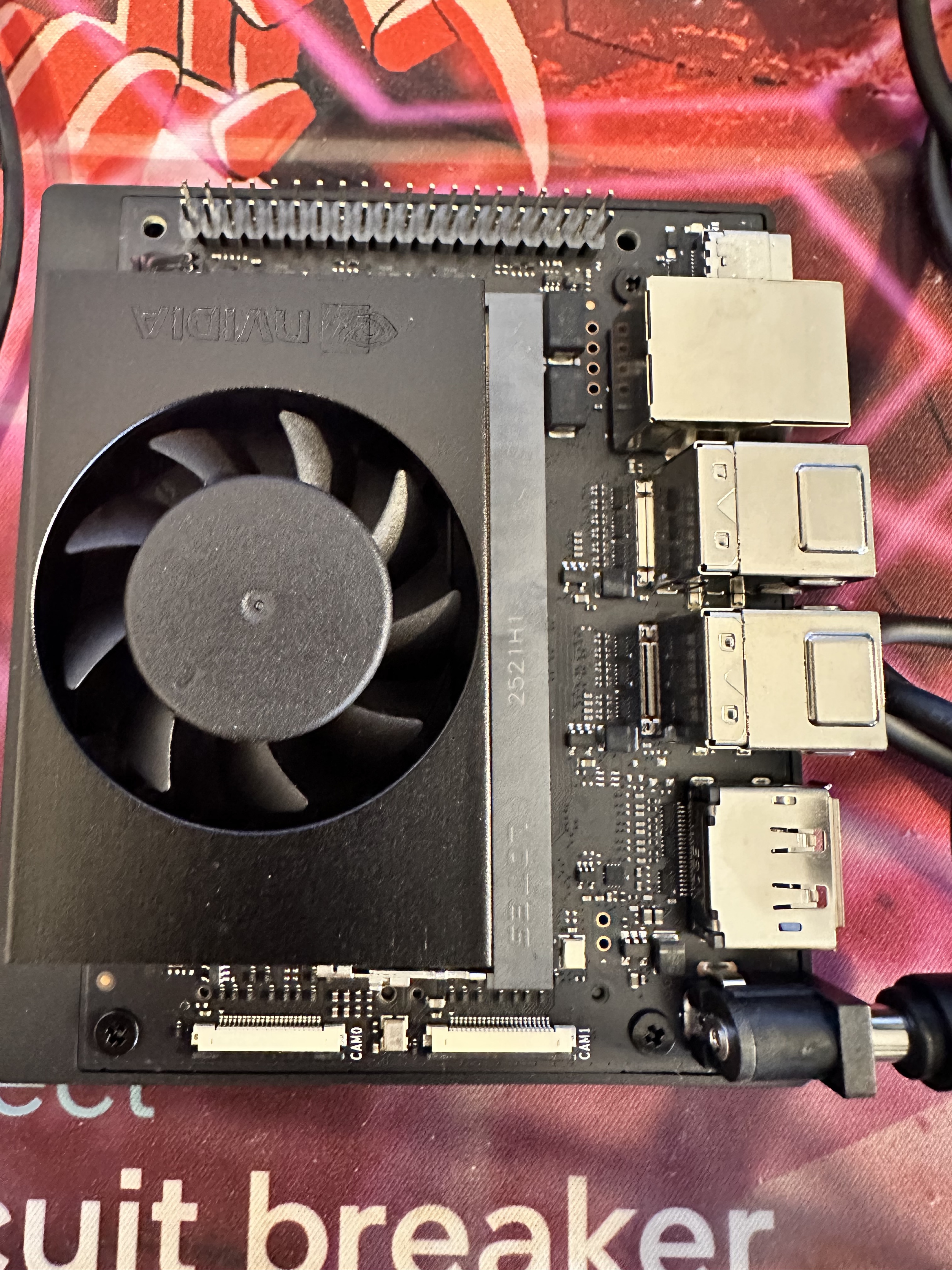 Jetson Orin Nano board connected with HDMI, Ethernet, and power