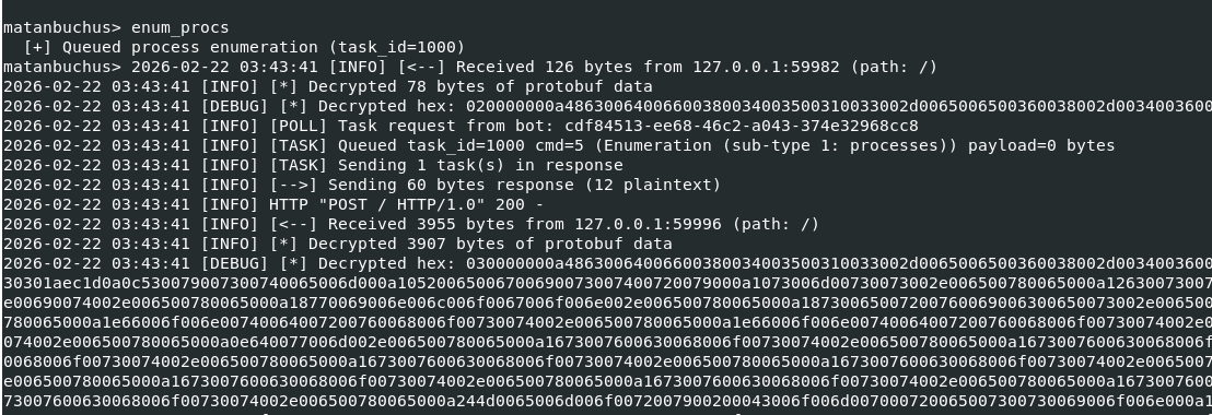 C2 server simulation - enumerate processes command