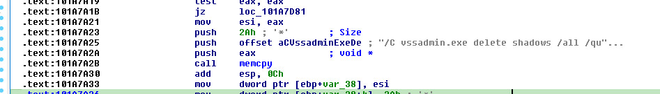 Figure 6: VSS shadow deletion command string reference in disassembly