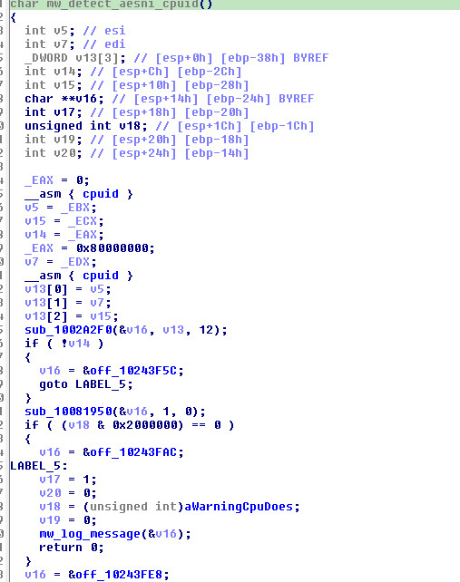 Figure 8: mw_detect_aesni_cpuid pseudocode — CPUID with ECX bit 25 (0x2000000) check for AES-NI support