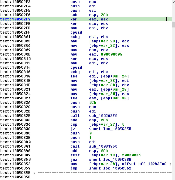 Figure 9: mw_detect_aesni_cpuid disassembly — two CPUID instructions and the AES-NI feature flag test