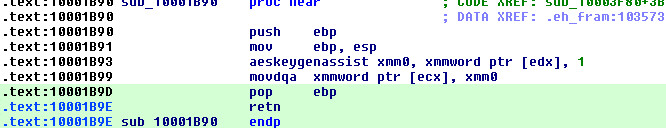 Figure 11: AESKEYGENASSIST instruction at sub_10001B90 — AES round key derivation with RCON=1