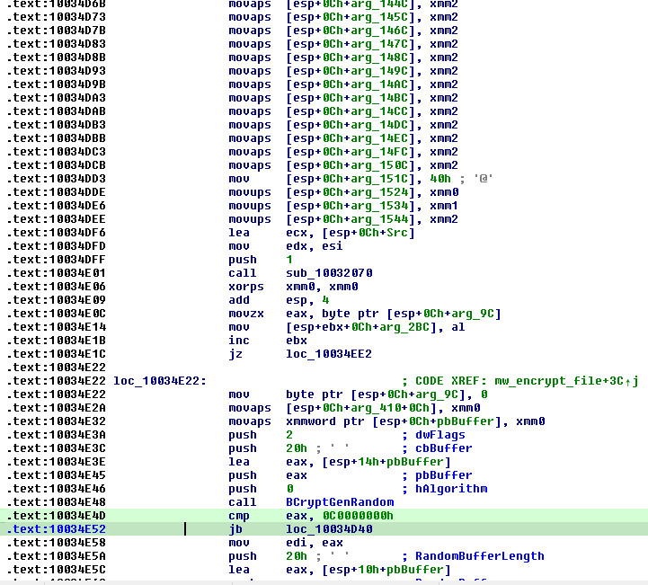 Figure 13: mw_encrypt_file disassembly — BCryptGenRandom key generation and ChaCha20/AES encryption dispatch