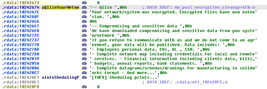 Figure 14: Embedded ransom note template at 0x10242674 — "-- Qilin" header and extortion message