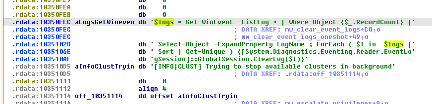Figure 16: Embedded PowerShell script for event log clearing — Get-WinEvent with ClearLog() in infinite loop