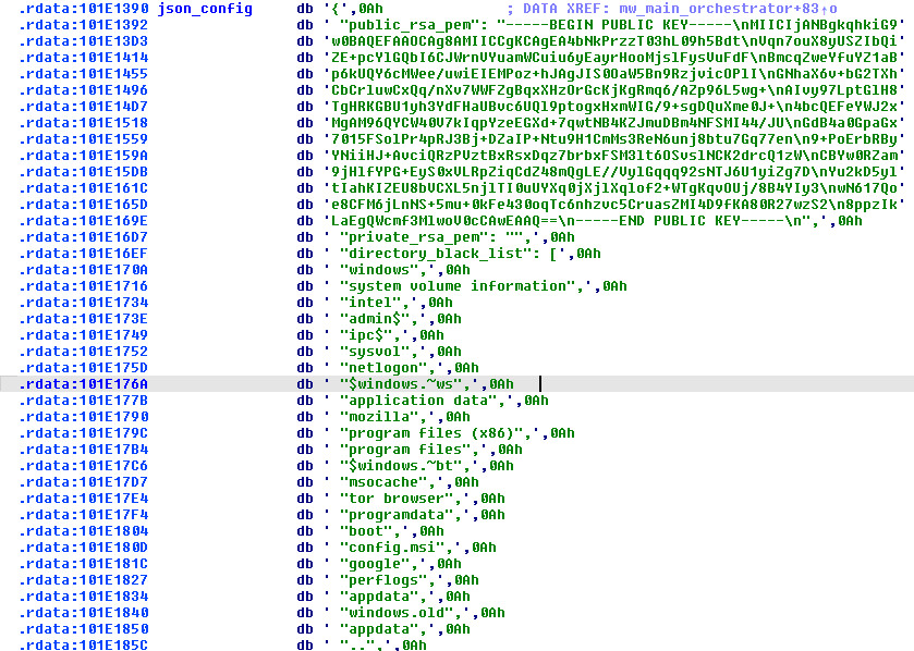 Figure 4: Embedded JSON configuration in .rdata section — RSA public key, blacklists, and company_id visible