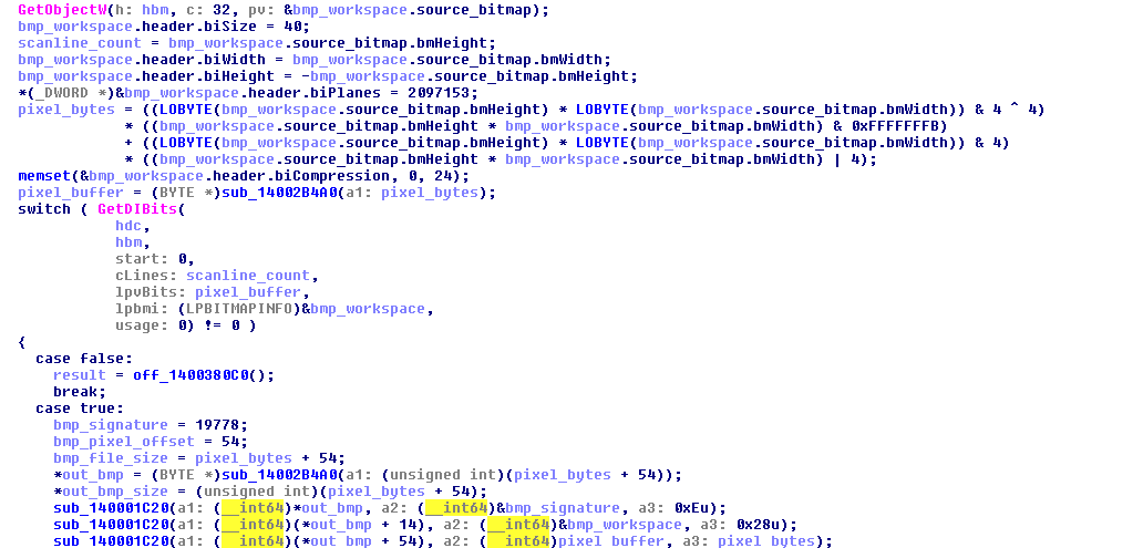 Top-down 32-bit DIB extraction and BMP-header construction