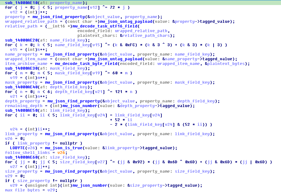 File-search item parsing through wide path and byte output-name decoders