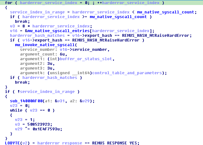 Service-table lookup and native hard-error invocation
