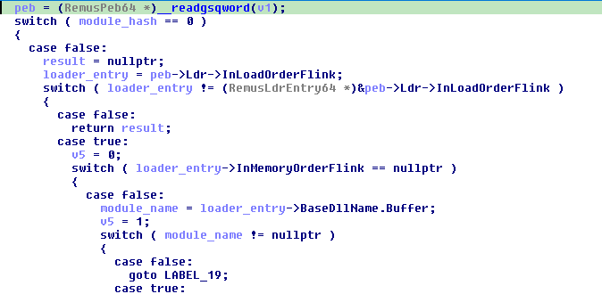 PEB loader-list traversal in the module resolver