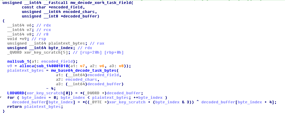 Base64 decode followed by four-byte repeating XOR and prefix removal